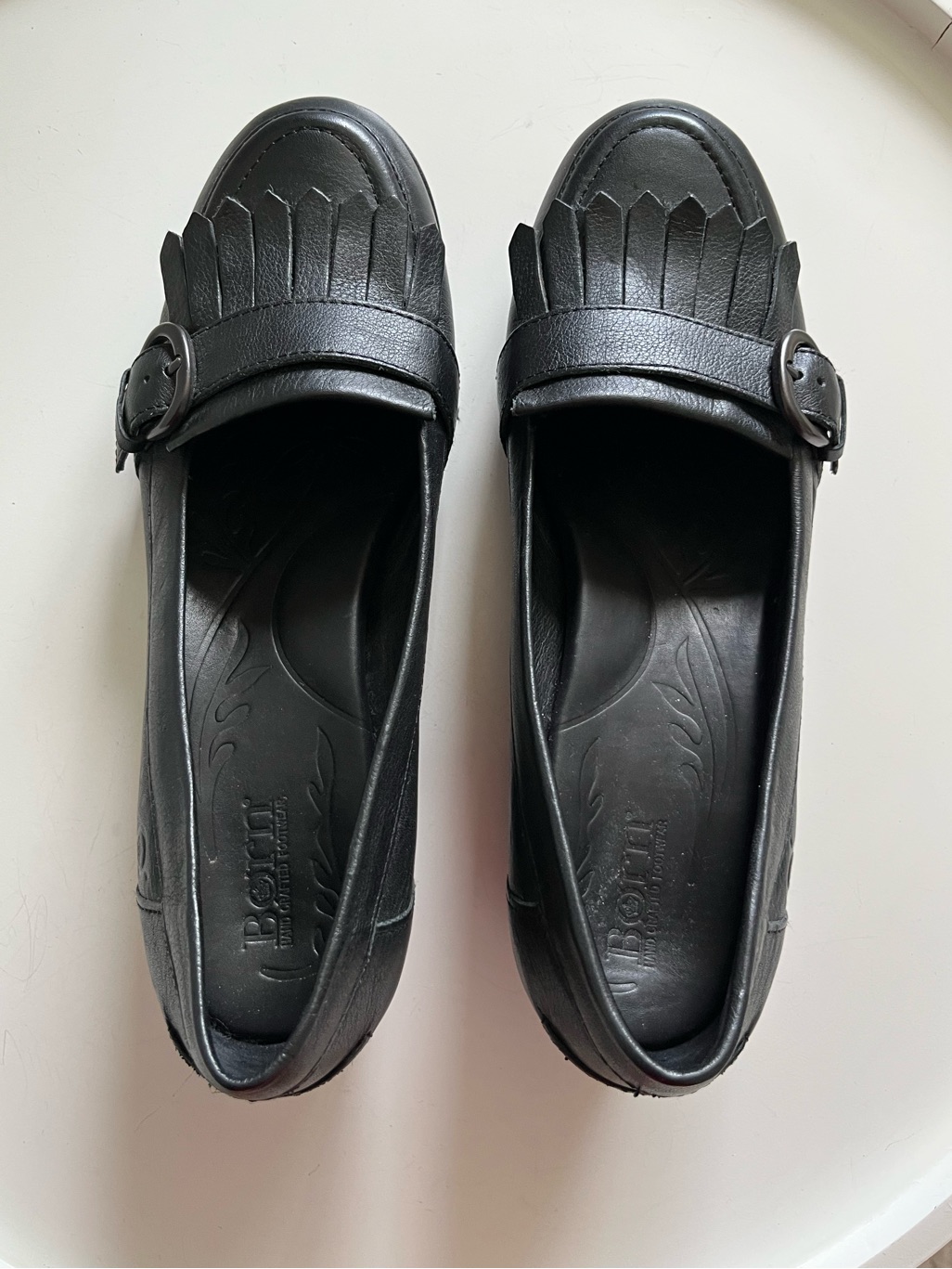 Born Lissette Black Leather Block Heel Tassel Buckle Loafers Size 9